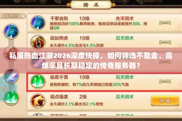 私服热血江湖2026深度抉择，如何筛选不氪金、高爆率且长期稳定的传奇服务器？